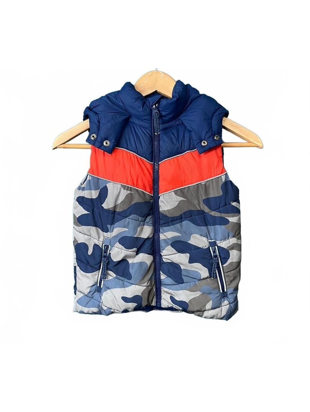 Mini Boden Boys Camo Colorblock Hooded Puffer Vest Gilet Blue Orange 3-4Y 104cm